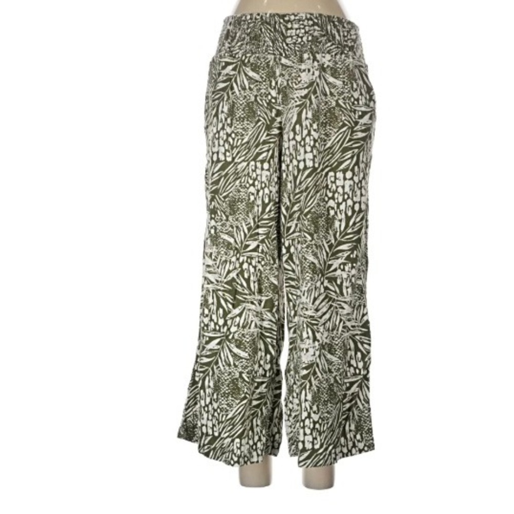 Tahari Linen Blend Wide Leg Pants Womens Medium Green Tropical Palm Leaf Print